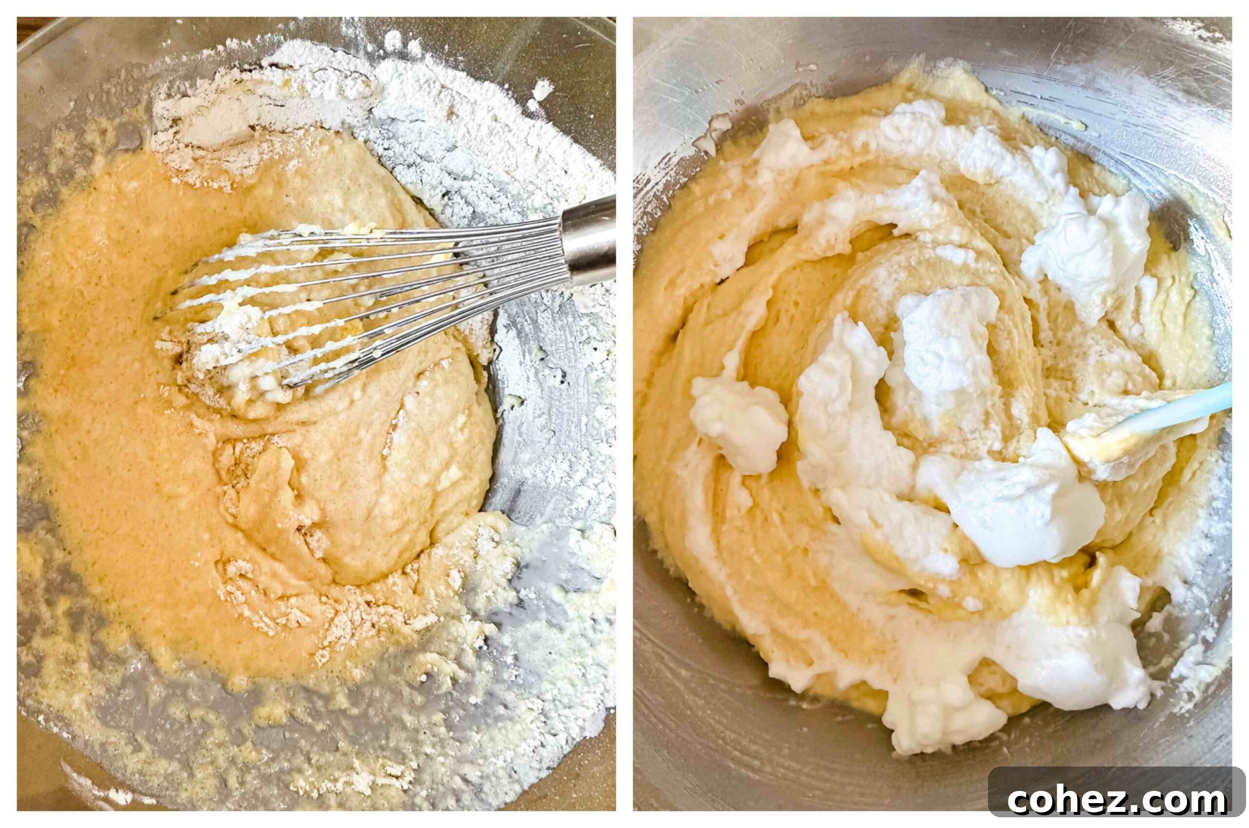 A collage of two process images showing the steps involved in making waffle batter, highlighting key consistency and mixing stages.
