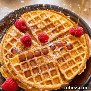 Golden Belgian waffles drizzled with maple syrup and topped with fresh raspberries
