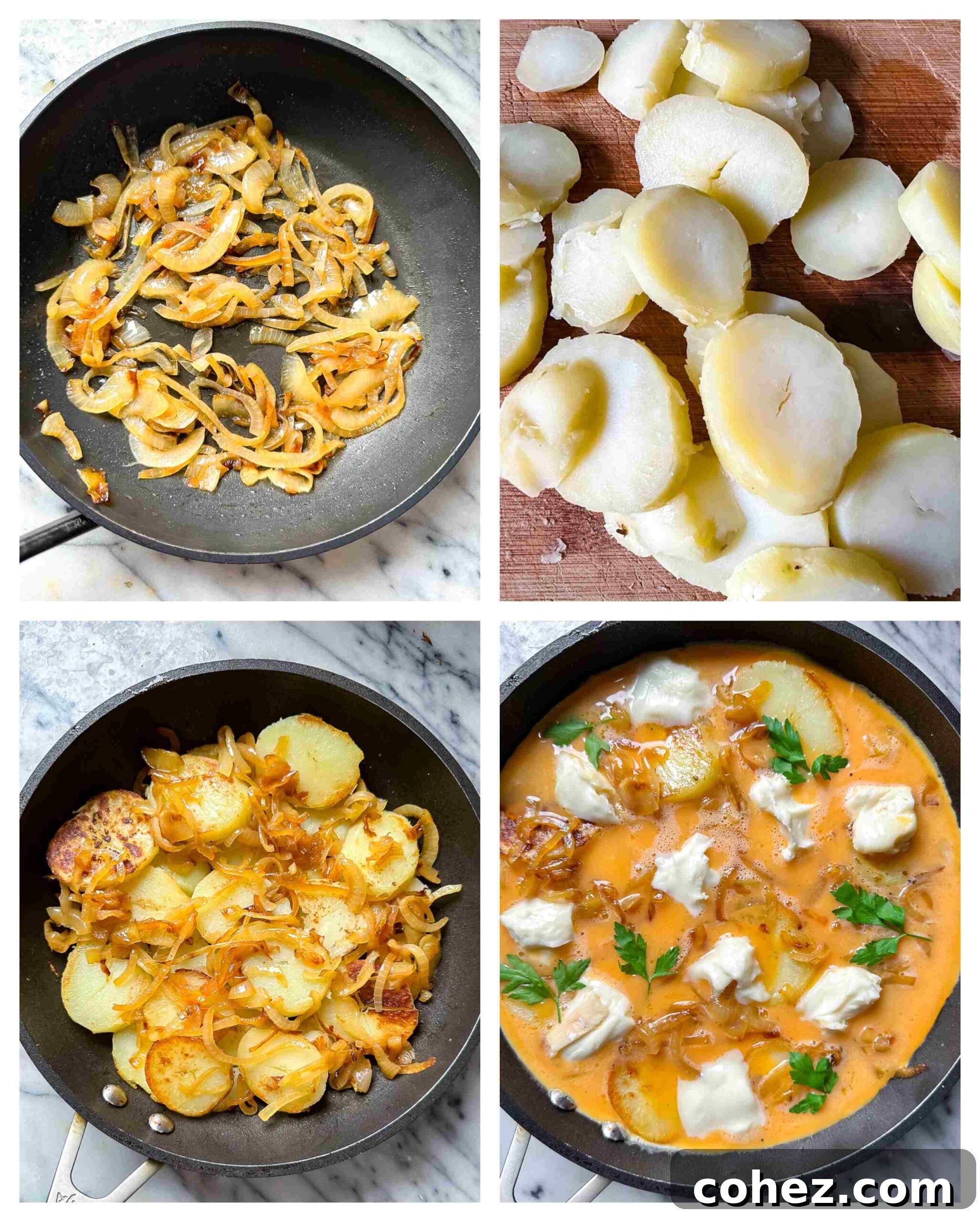 A collage of step-by-step images showing the preparation process of the potato frittata, from caramelizing onions to mixing ingredients and the final baked dish.