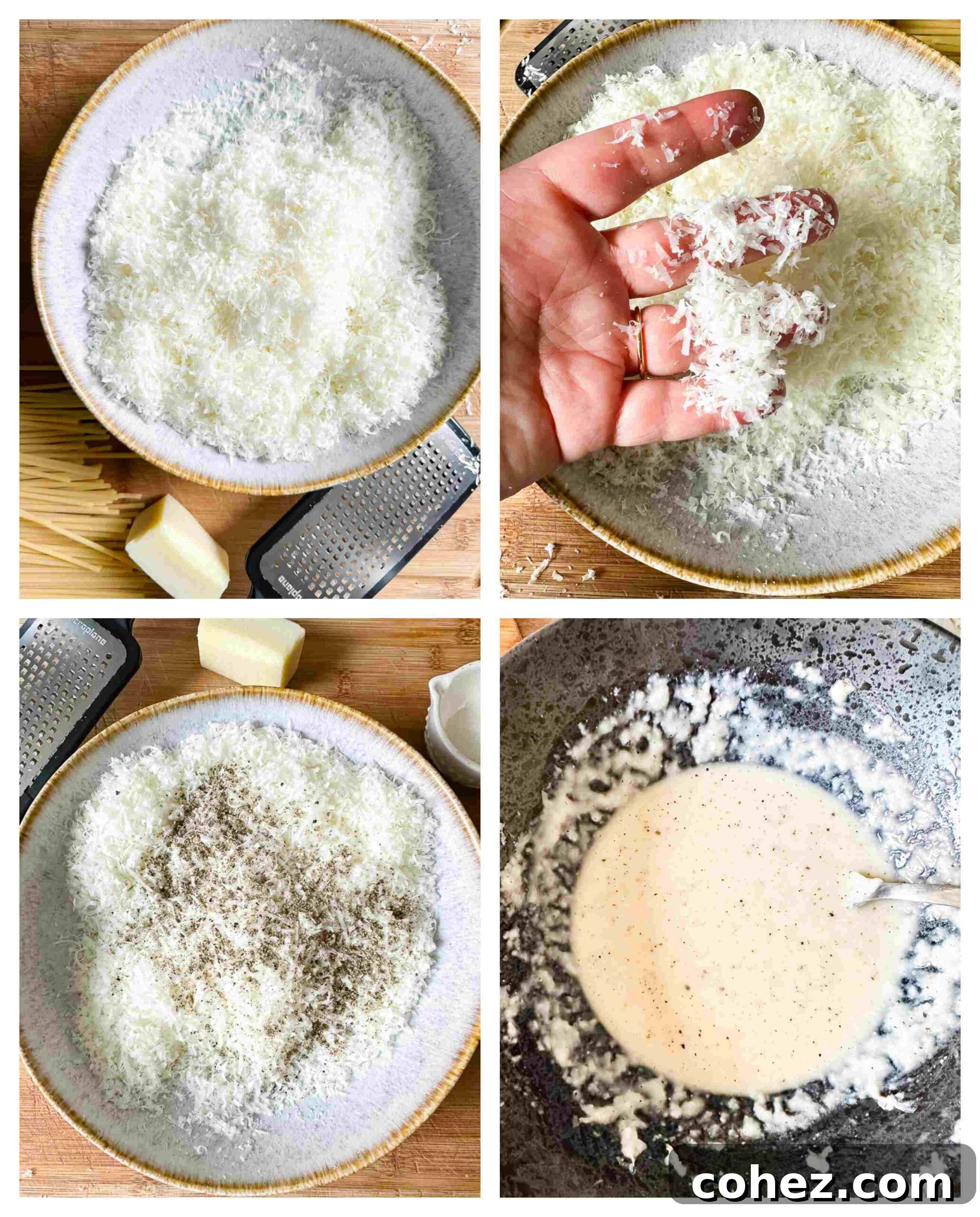 Step-by-step process images for making Cacio e Pepe recipe, showing the emulsification stages