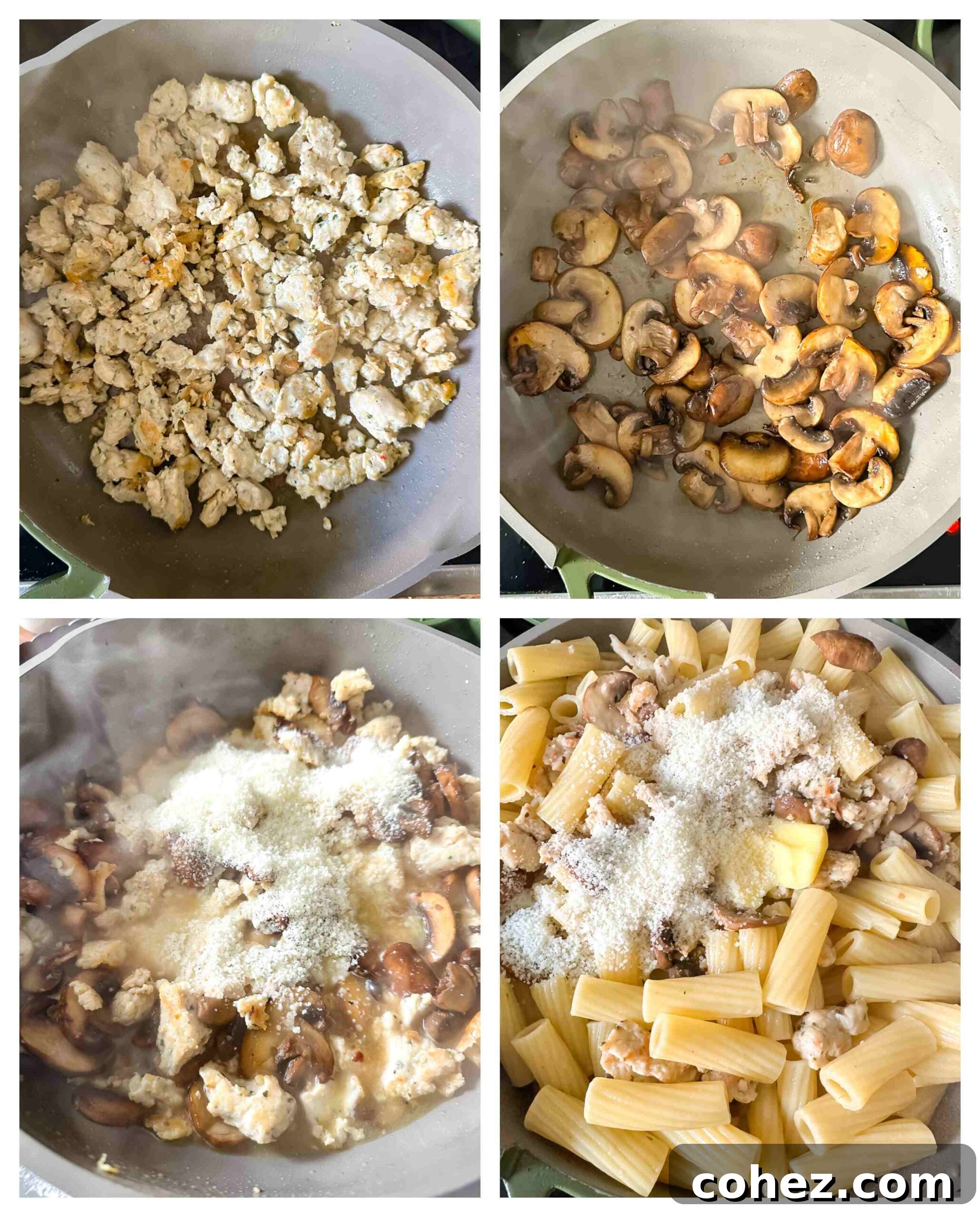 Hearty Italian Sausage and Mushroom Pasta 4 Step-by-step process images for making Italian sausage pasta, showing ingredients, cooking sausage, and browning mushrooms.