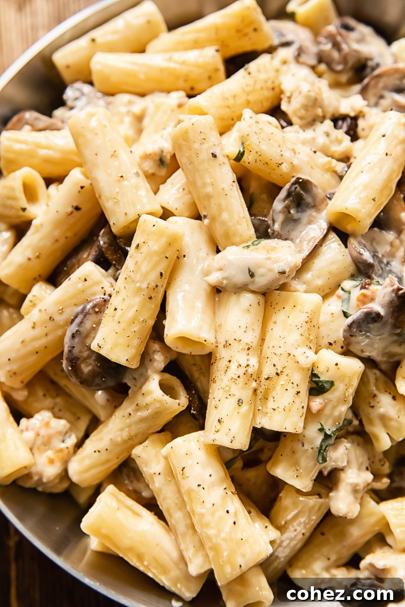Hearty Italian Sausage and Mushroom Pasta 5 Close-up shot of rigatoni pasta coated in a rich, creamy sauce with mushrooms and pieces of Italian sausage.