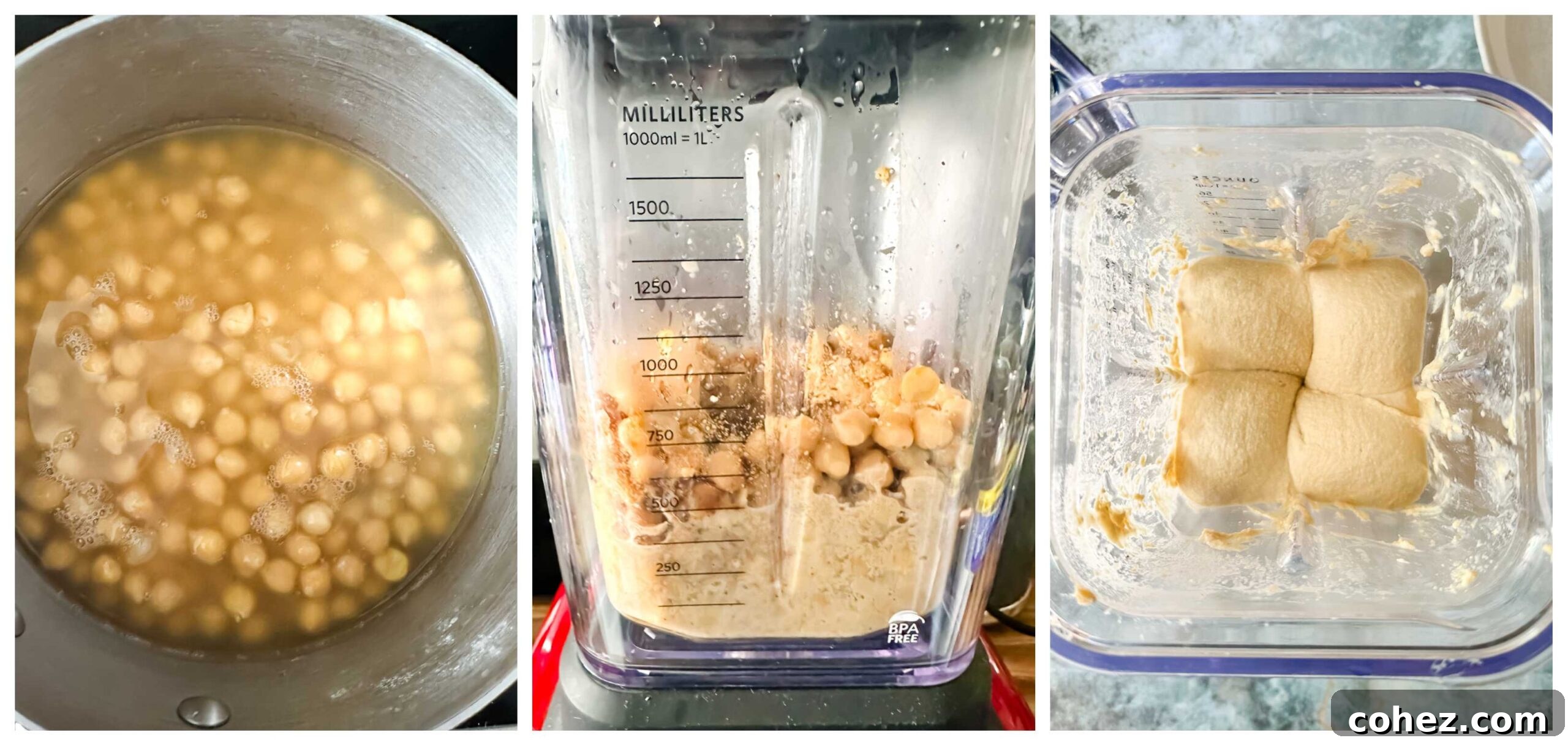 A series of three images showing the process of making homemade hummus: first, chickpeas boiling; second, ingredients in a blender; third, the final smooth hummus.