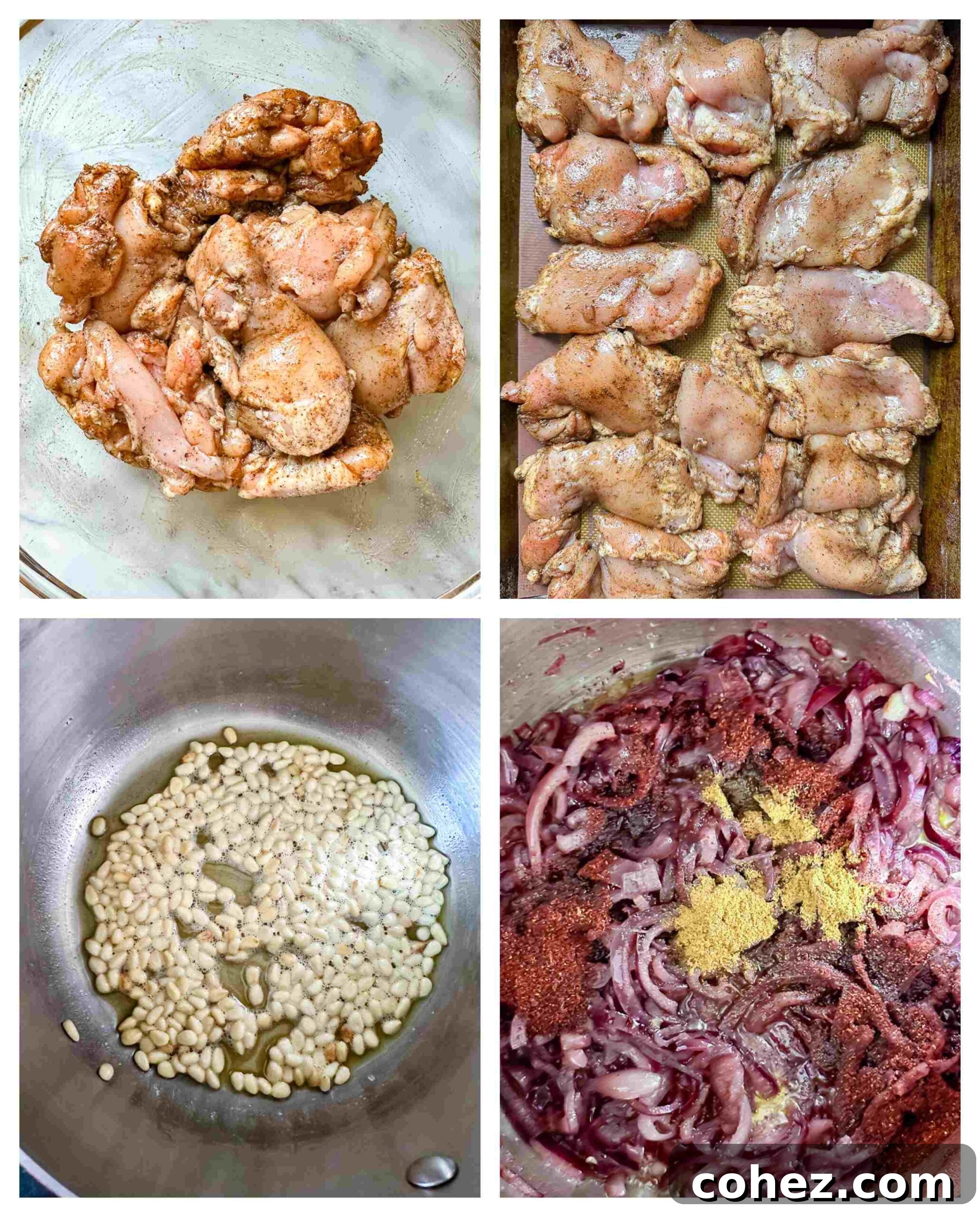 Palestinian Sumac Chicken 4 Chicken Musakhan recipe process images, showing marinated chicken, sliced onions, and toasted pine nuts separately