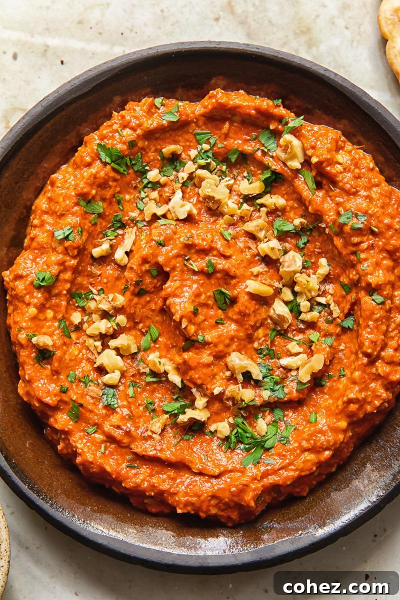 Close up of Muhammara dip in a shallow dish