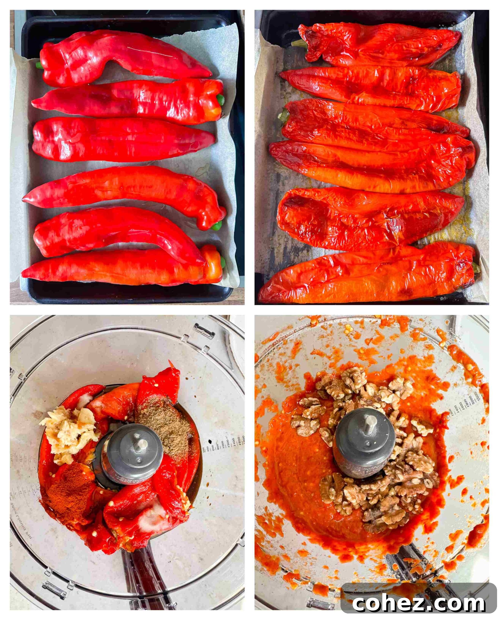 Process shot of red peppers being roasted and blended into the dip