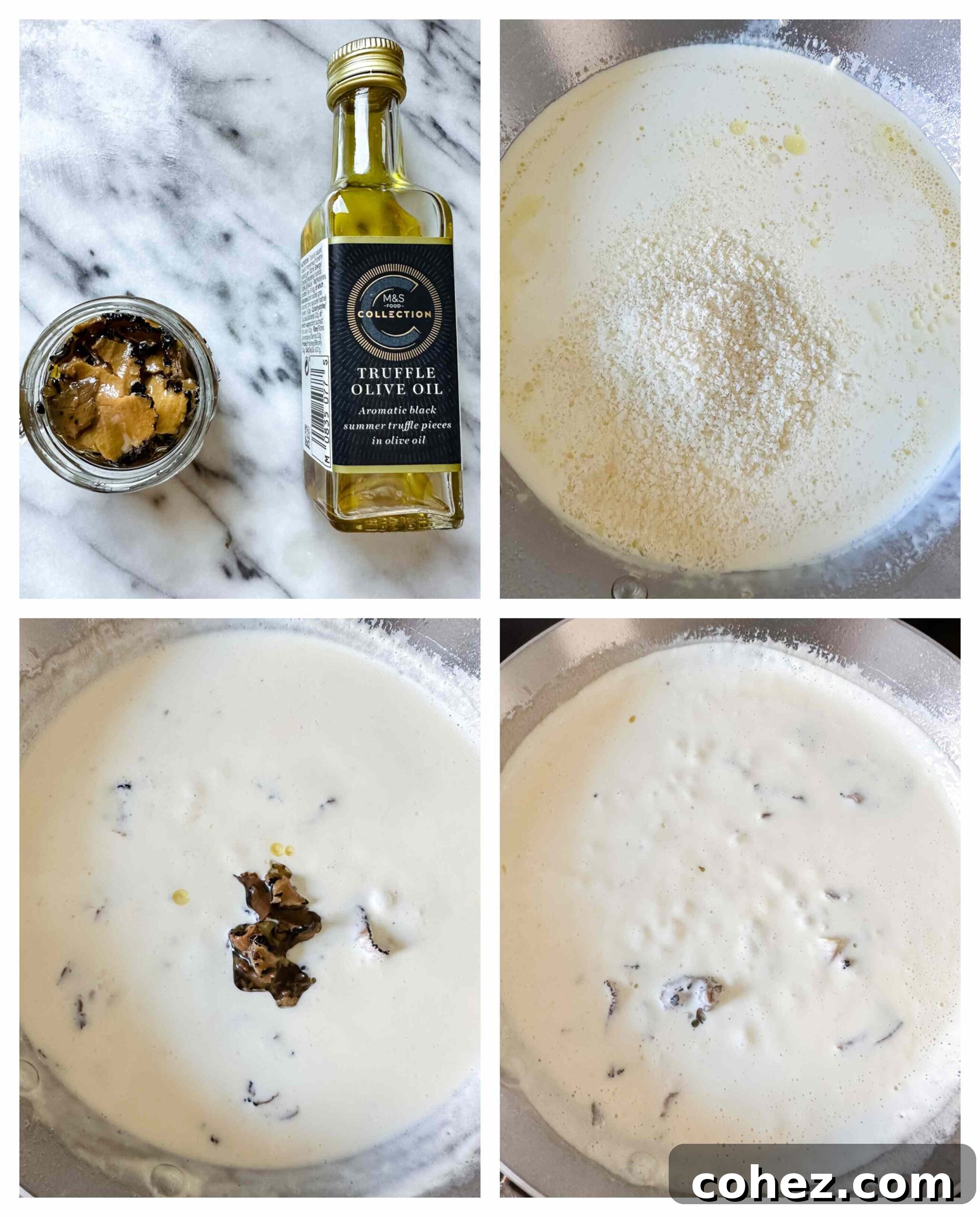 Process shot of making truffle sauce in a pan