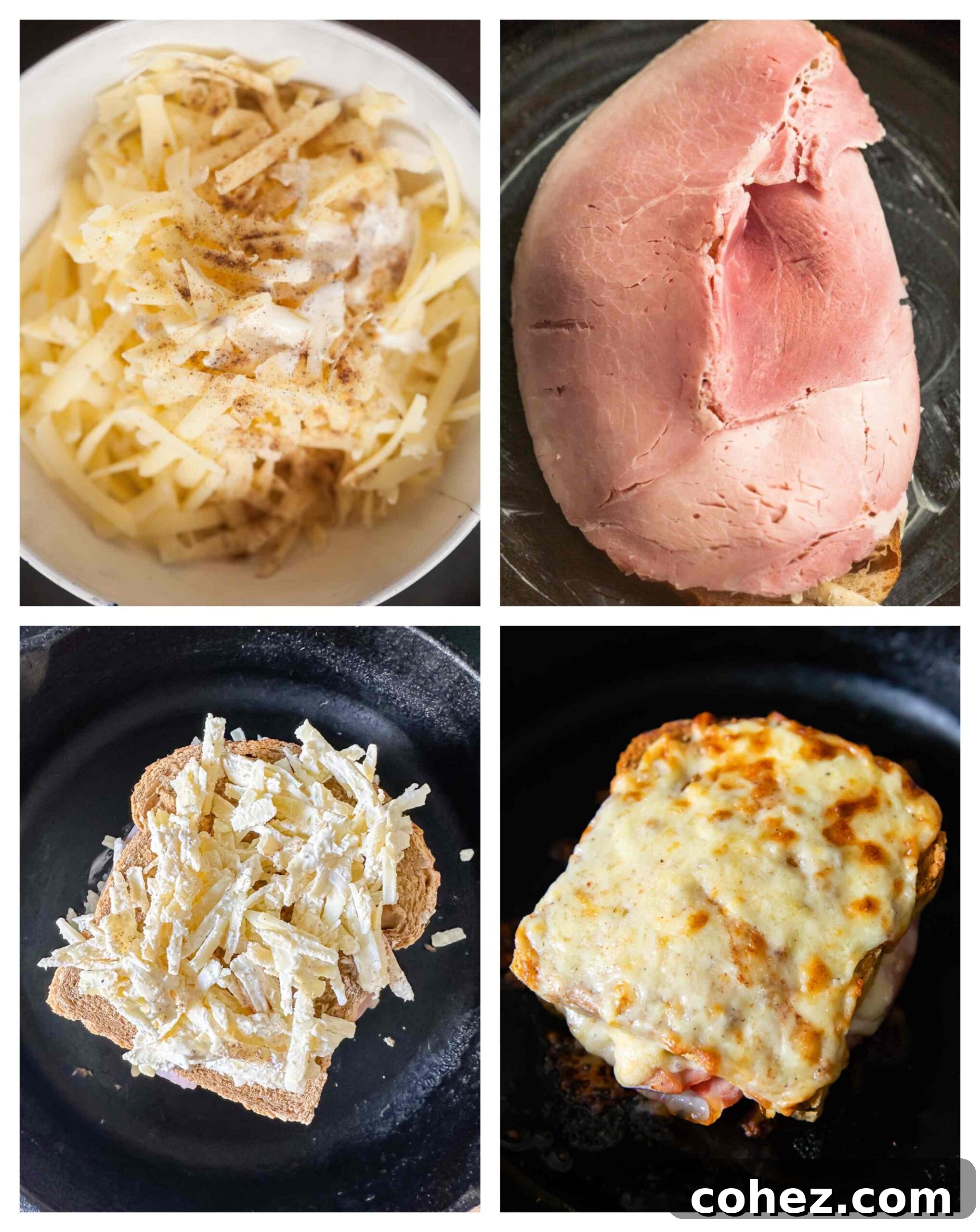 Ultimate Croque Madame 4 A step-by-step process image showing the assembly of a Croque Madame. Thick slices of bread are spread with a creamy cheese mixture, then layered with ham, ready to be toasted to golden perfection.
