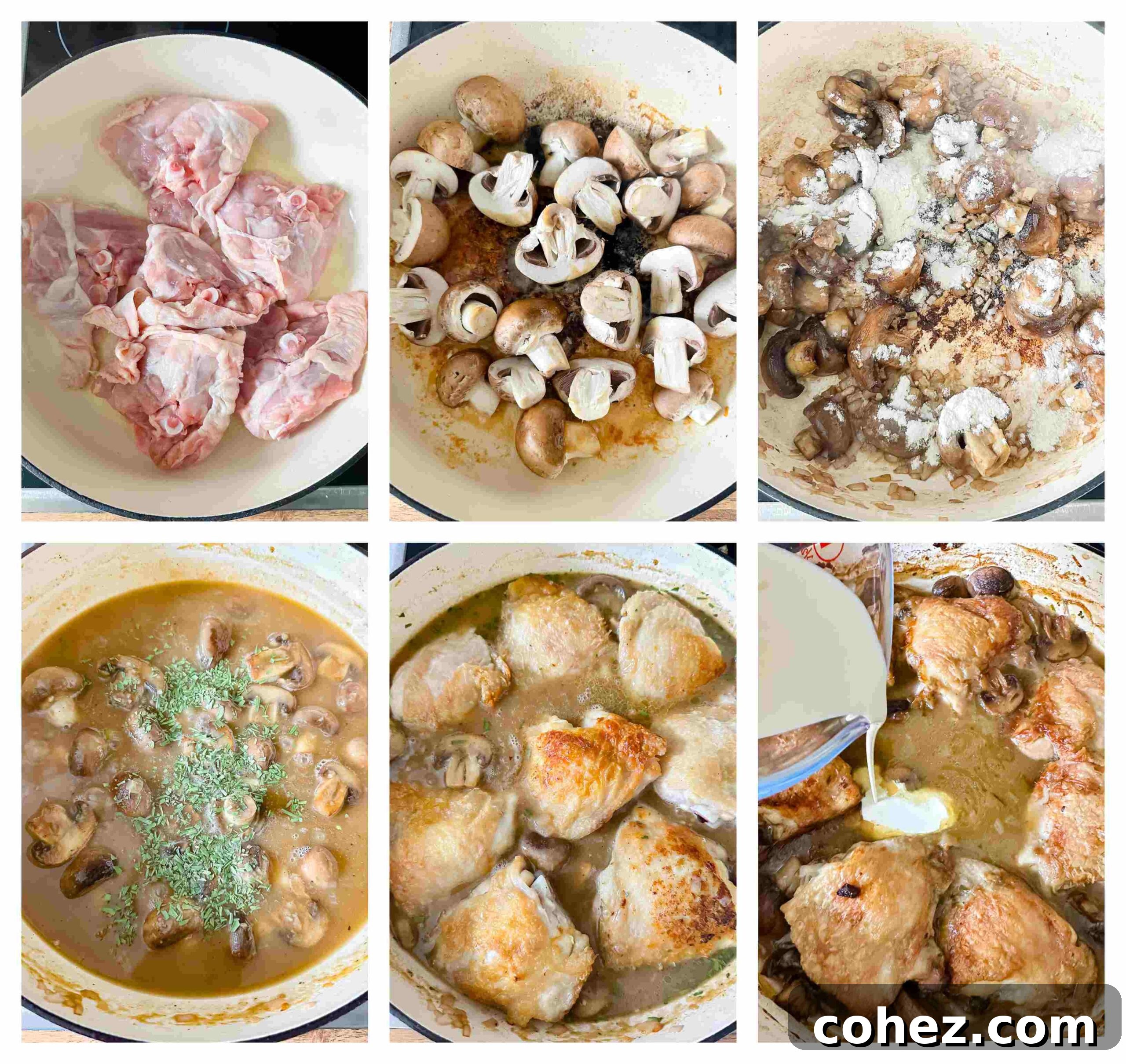 Process shot of chicken in a bowl being turned into chicken fricassee, showing seasoned raw chicken thighs