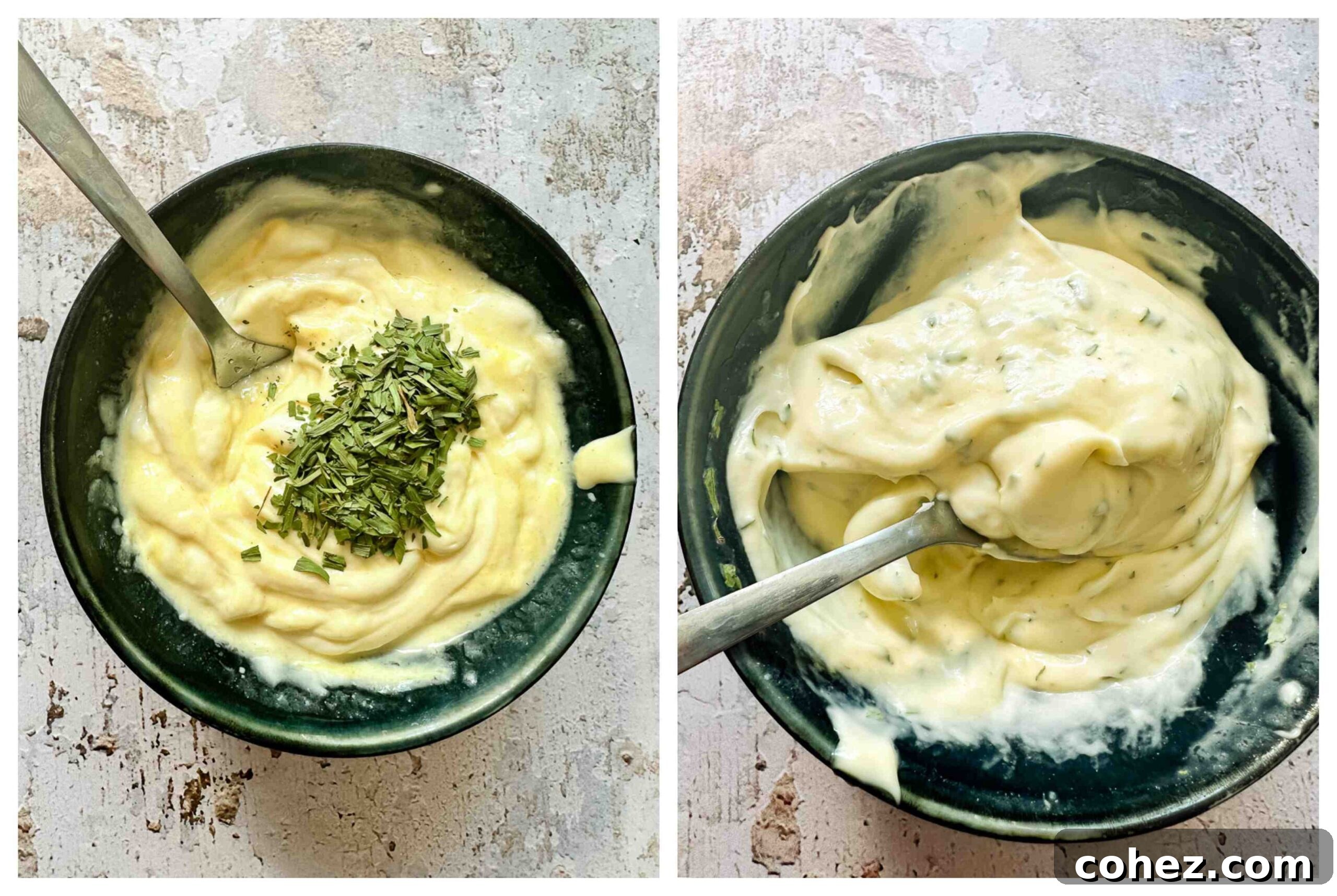 Close up of tarragon mayonnaise dressing in a small bowl, ready to be mixed into the salad.
