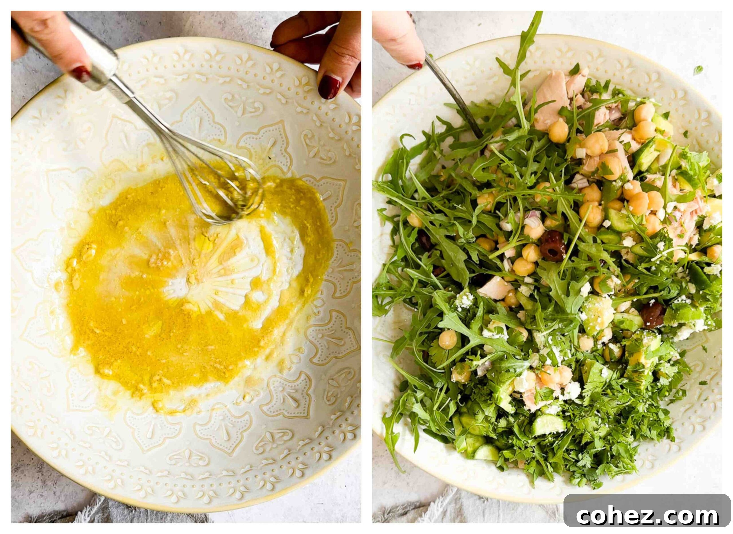 Plant-Powered Tuna Salad 4 Process shot of fresh salad ingredients being mixed together in a large bowl with a spoon.
