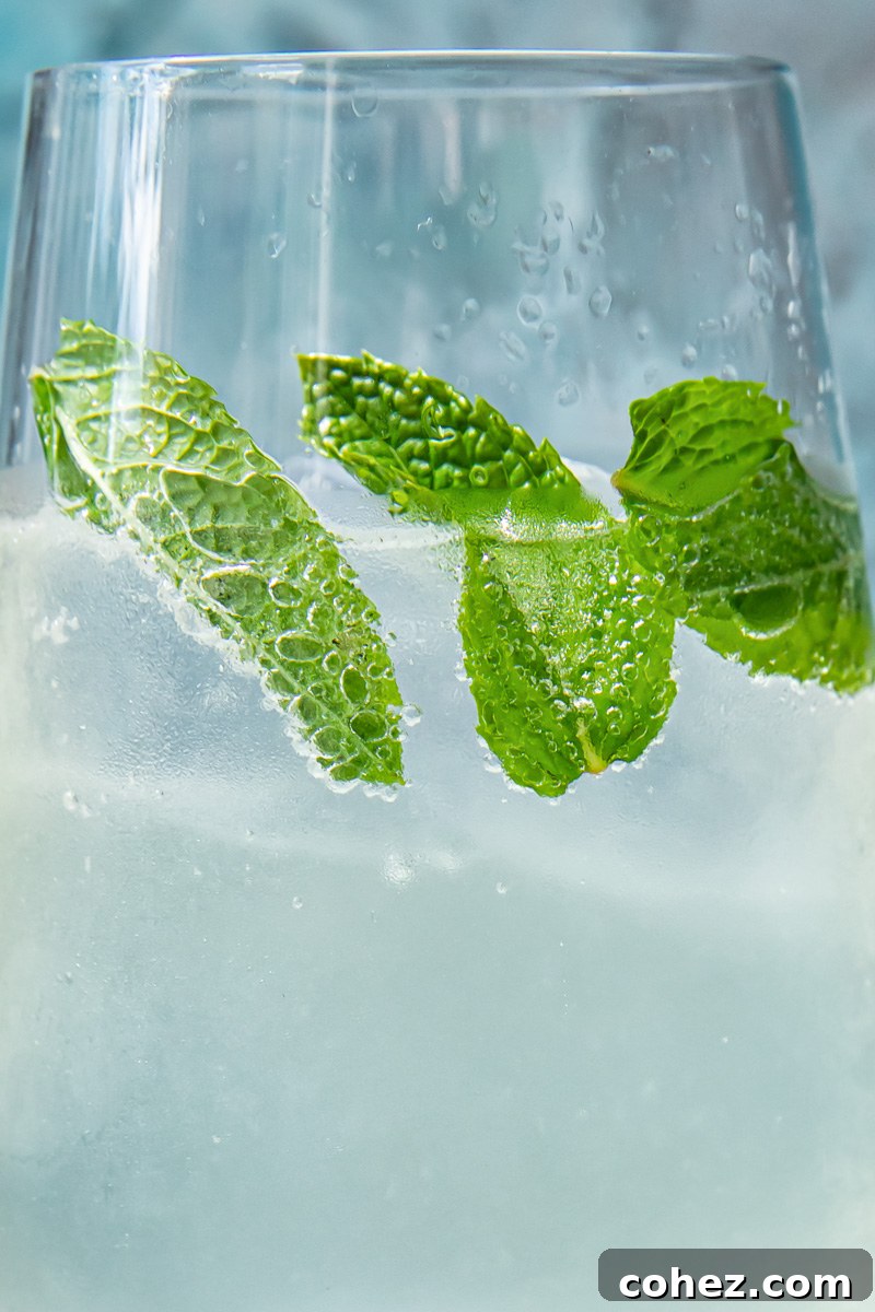 Close up shot of mint leaves in a glass of mojito