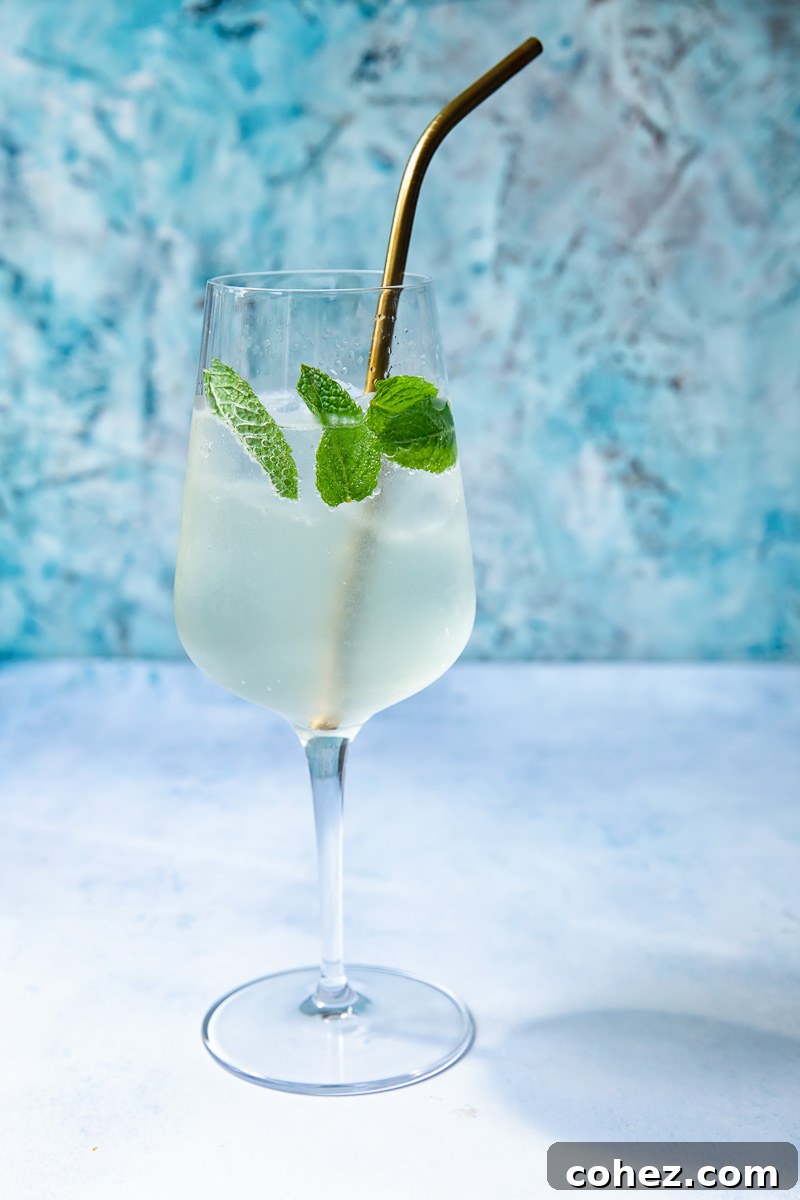 Side shot of a glass of mojito spritz with a straw