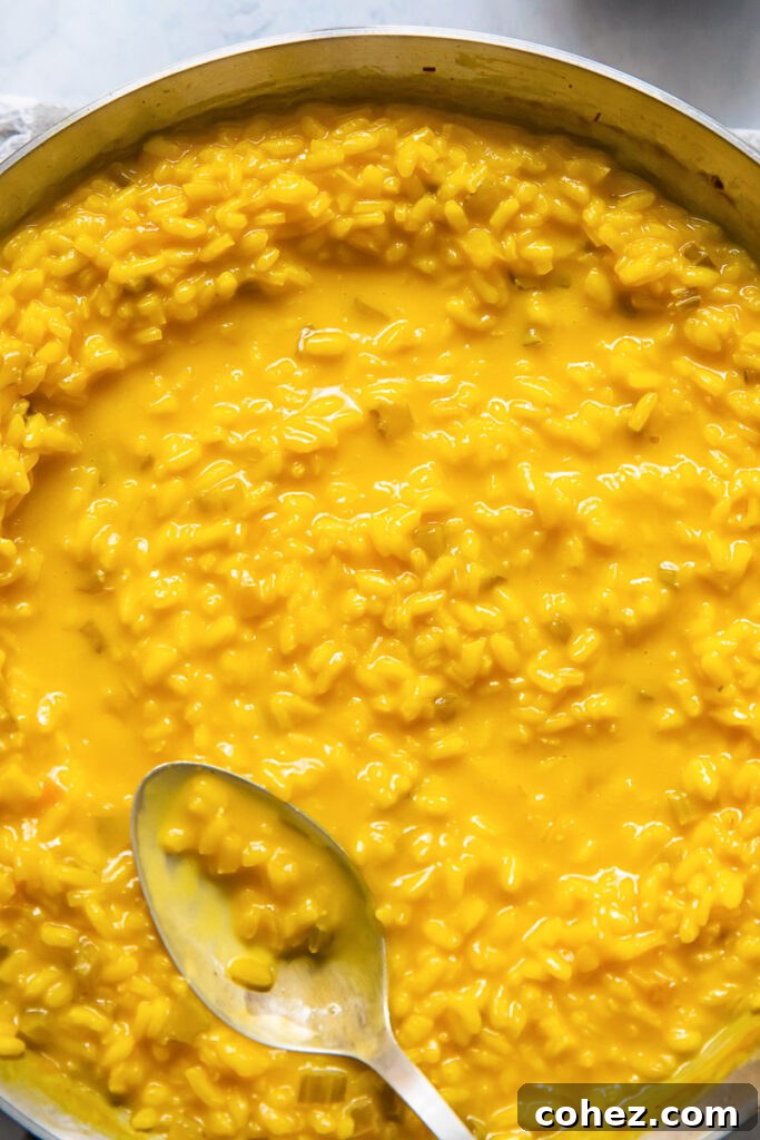 Close up of a pan of saffron risotto