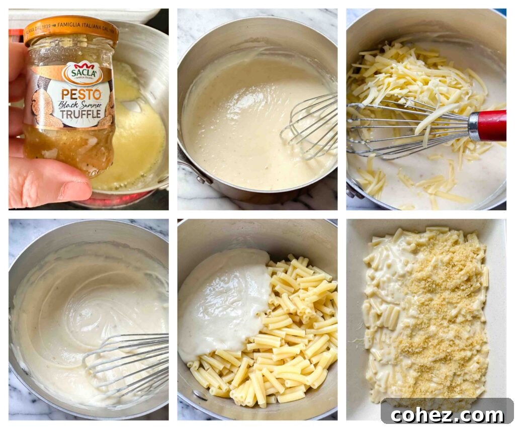 Process shots of making the sauce mixture for truffle mac and cheese, showing butter, truffle, and flour combining.