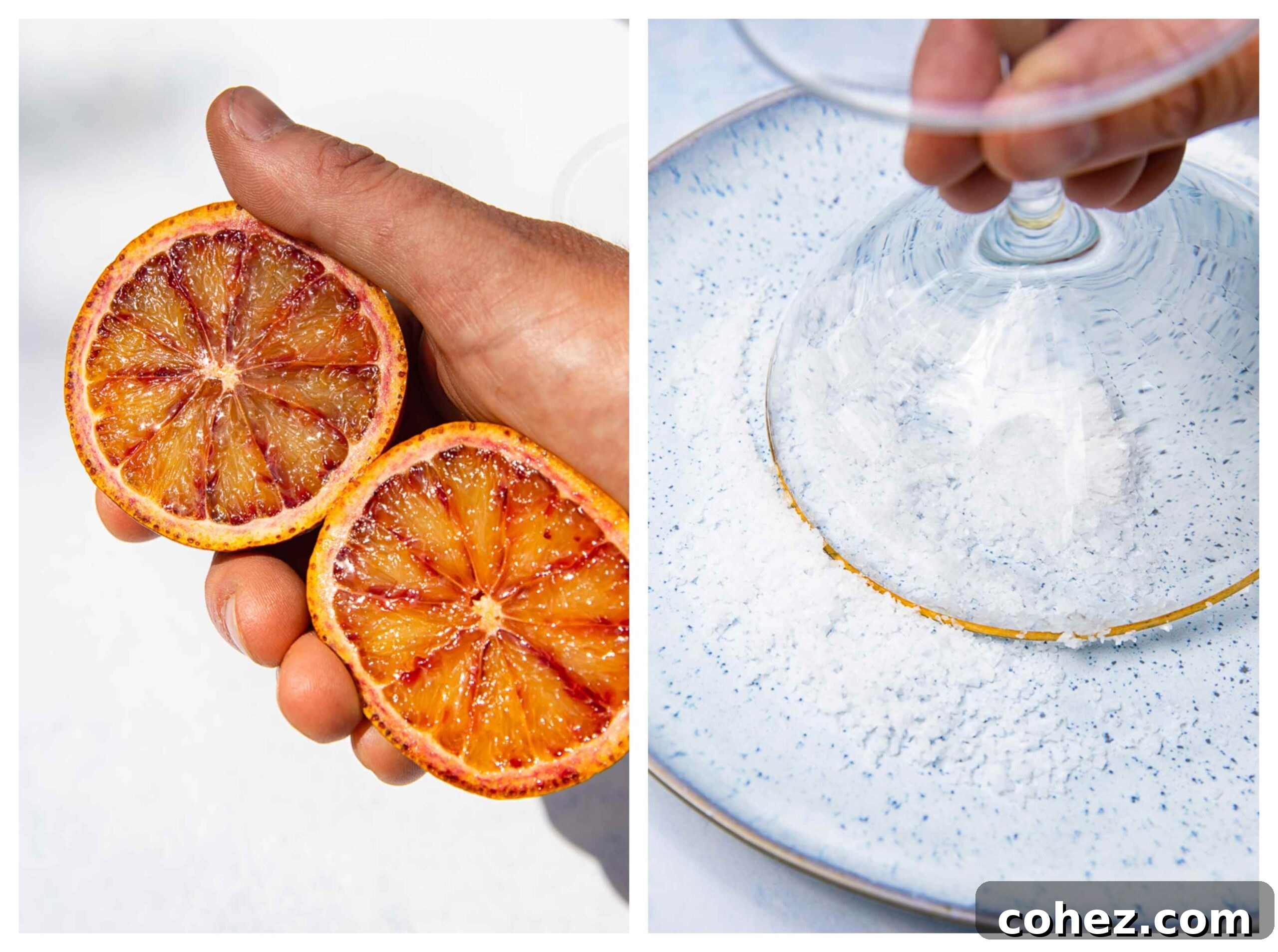 Close-up process shot showing freshly sliced blood oranges on a cutting board next to a cocktail glass, with a lime wedge ready for juicing, highlighting the preparation of vibrant ingredients for a refreshing blood orange margarita.