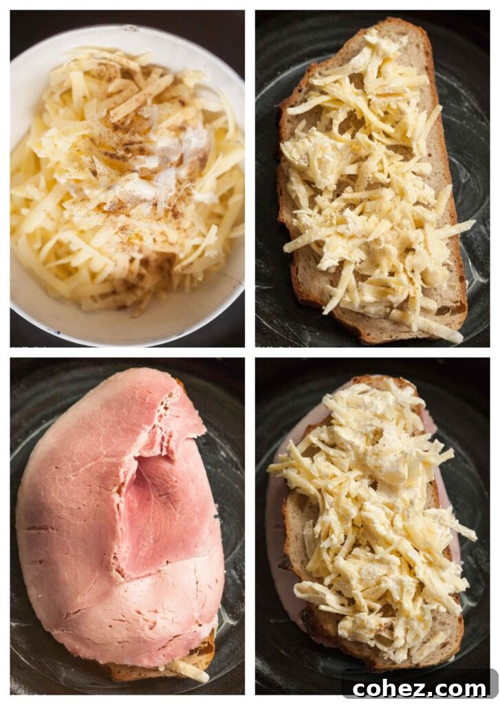 A four-step process showing how to layer bread, cheese, and ham to make a Croque Monsieur.