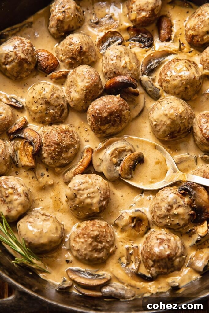 Top down view of spoon scooping meatballs in Marsala sauce from a pan