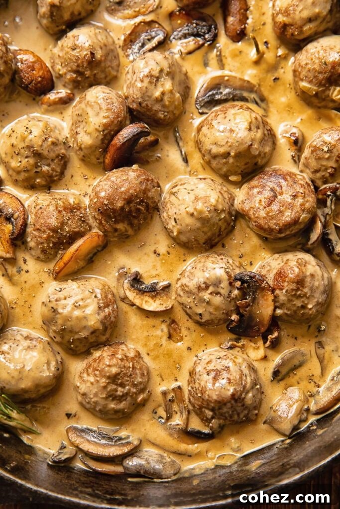 Close up shot of meatballs in Marsala sauce with mushrooms
