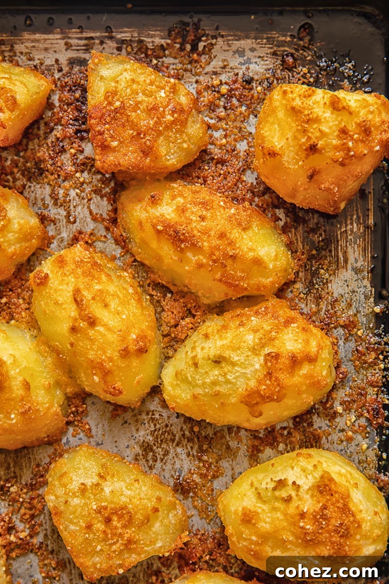 Top down shot of parmesan crusted potatoes glistening on a baking tray, ready for roasting.