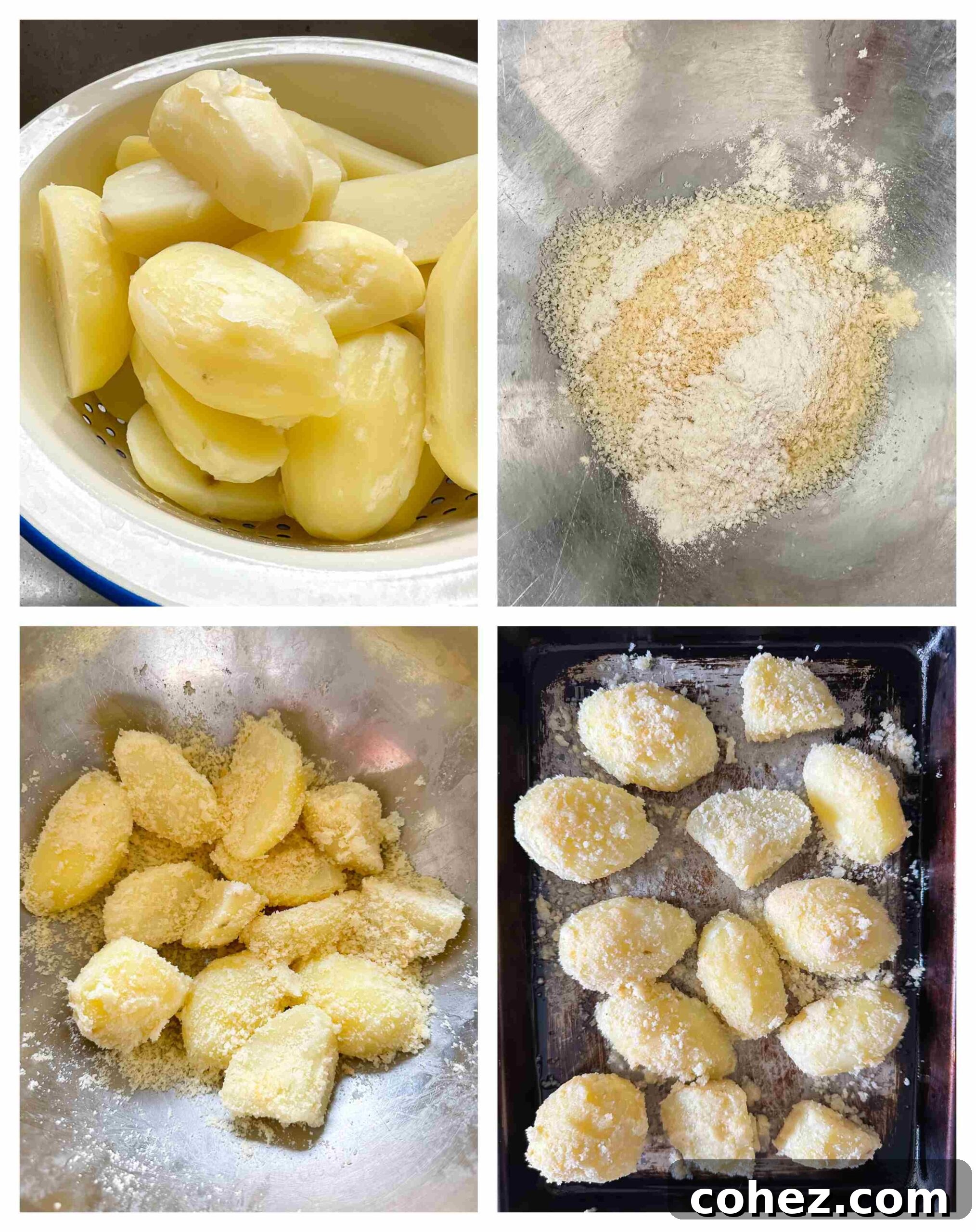 Crispy Parmesan Roasted Potatoes 5 Process shot of potatoes being prepared with garlic and Parmesan before roasting