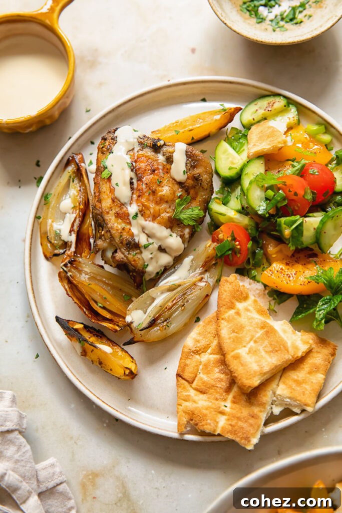 Top down view of a plate loaded with roasted za'atar chicken, fresh flatbread, and a vibrant salad.