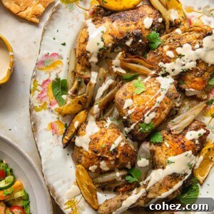 Top down view of tahini sauce drizzled over za'atar chicken with lemon and garlic on a platter