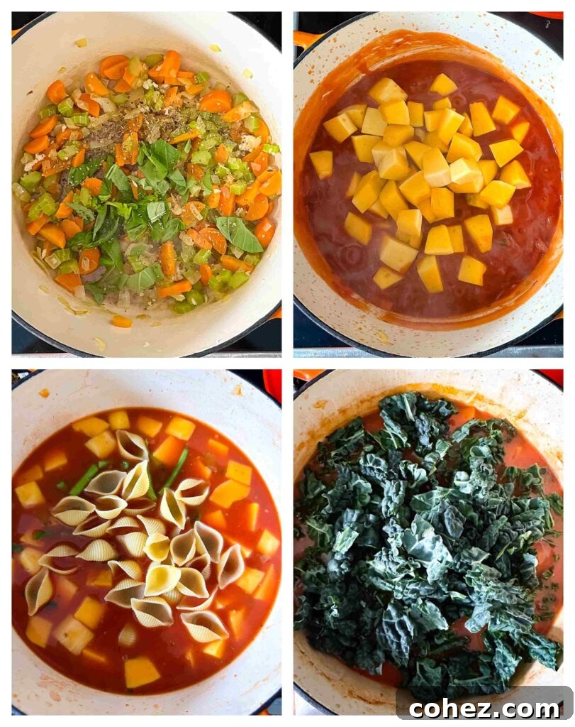 Four sequential process shots demonstrating the order of adding ingredients to a soup pot for minestrone preparation.