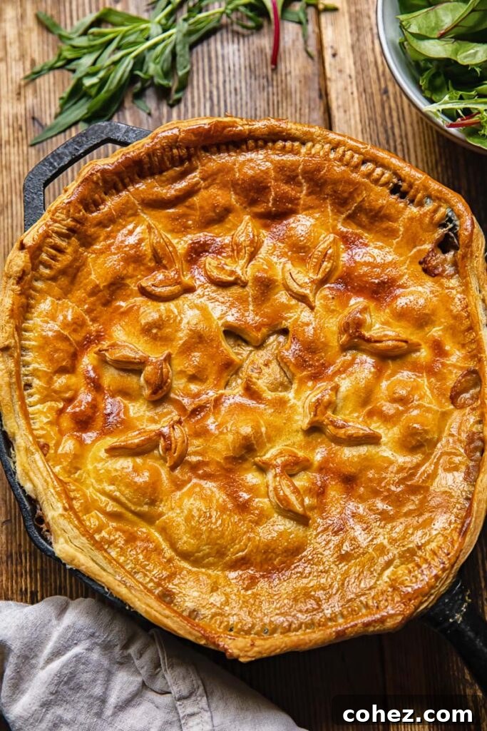 Top-down view of a beautifully baked chicken and mushroom pie.