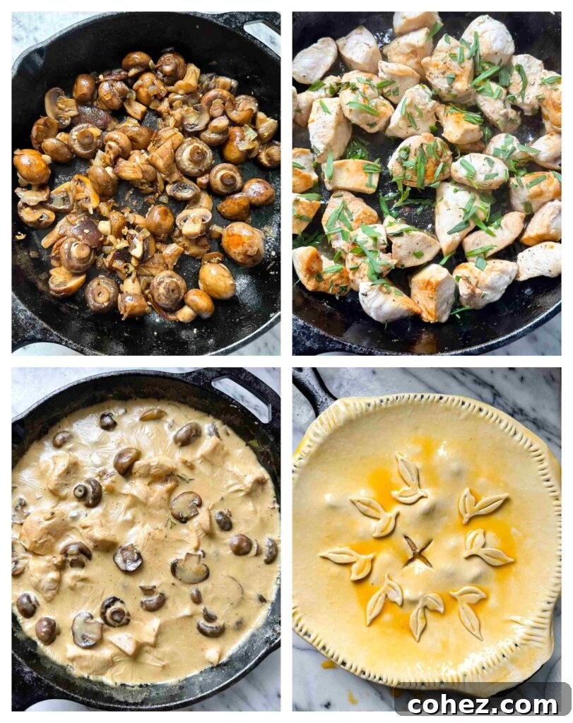 Four instructional shots demonstrating the assembly process of the chicken and mushroom pie before baking.