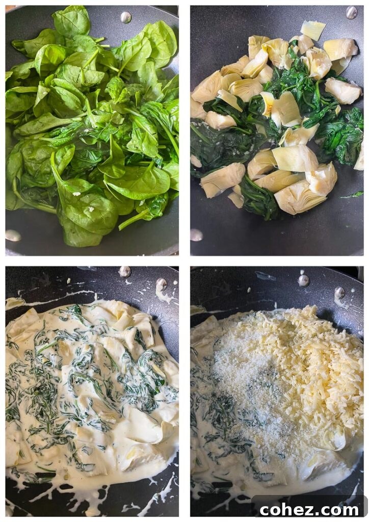 Collage of three process shots showing minced garlic, wilting spinach, and adding artichokes to a skillet