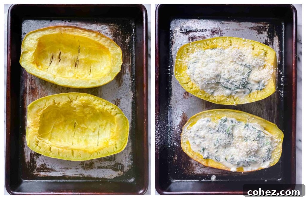 Process shot of a baking sheet with four spaghetti squash halves being filled with the spinach and artichoke mixture before baking