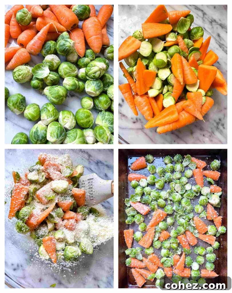 four process shots showing how to prepare the vegetables for roasting