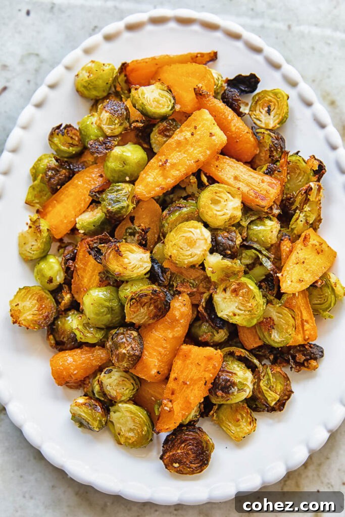serving plate with roasted brussels sprouts and carrots