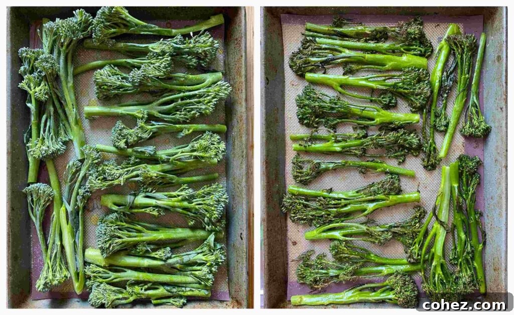 Two process shots showing rows of Tenderstem broccoli on a baking tray, one before roasting, one after.