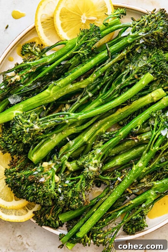 Close up of roasted Tenderstem broccoli stems on a plate