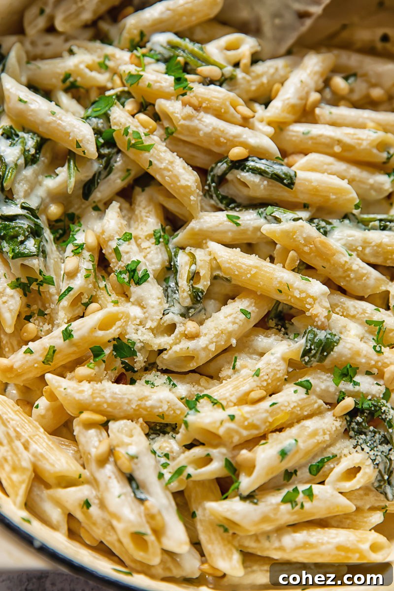 close up of goat cheese pasta in a pan