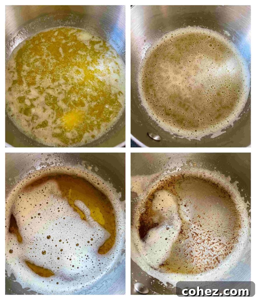 Step-by-step process of making brown butter in a saucepan, from melting to a golden, nutty hue.