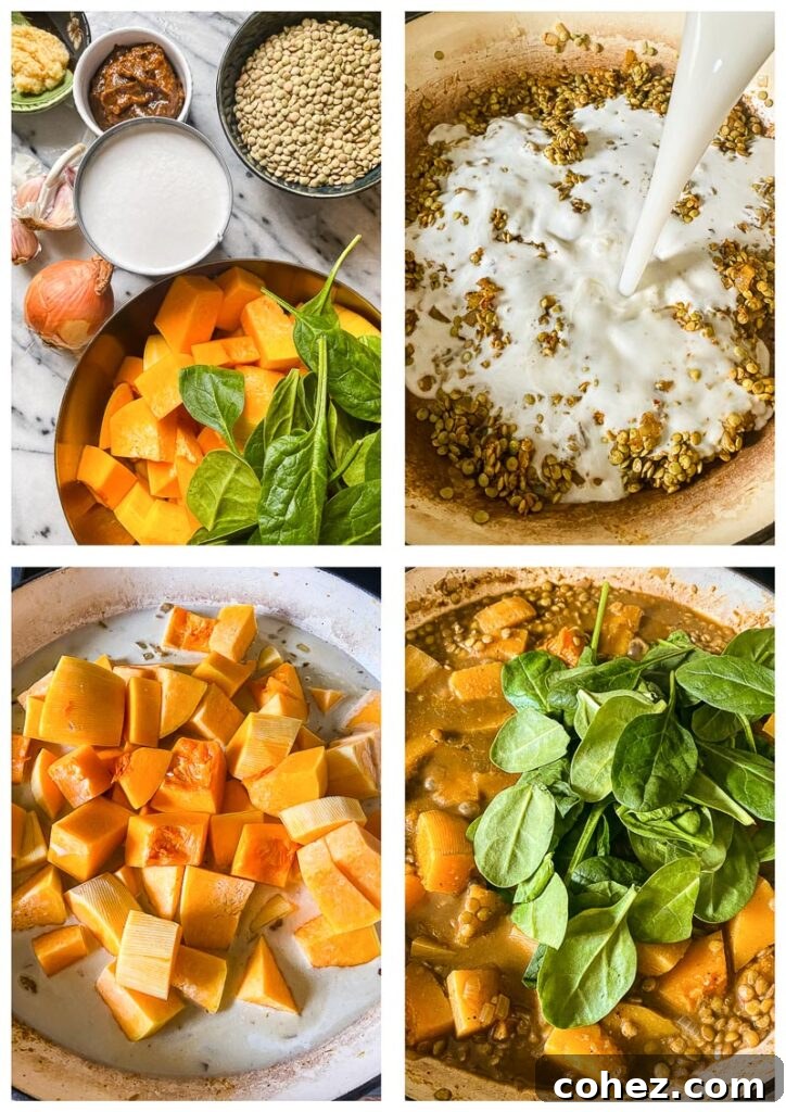 Process shot showing the step-by-step assembly of ingredients for coconut lentil curry
