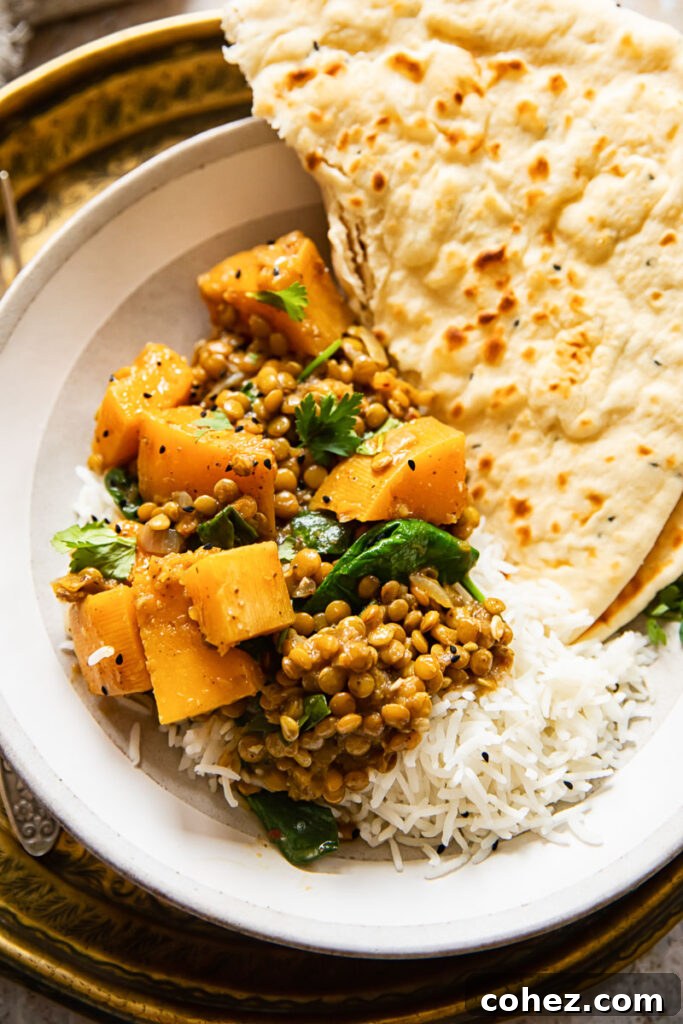 A perfectly portioned bowl of vegan coconut lentil curry with rice and fresh herbs