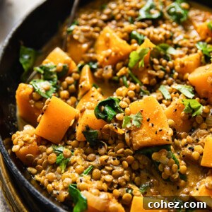Coconut lentil curry in a pan