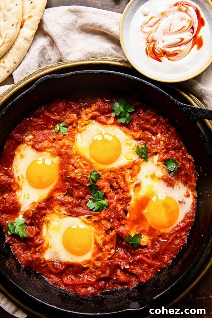 Top-down view of a steaming pan of finished shakshuka, garnished with fresh herbs.