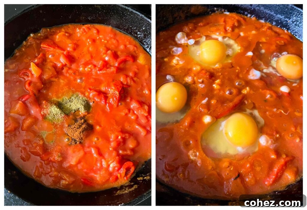 Two images side-by-side. Left: Spices being added to a pan. Right: Eggs carefully cracked into the simmering shakshuka sauce.