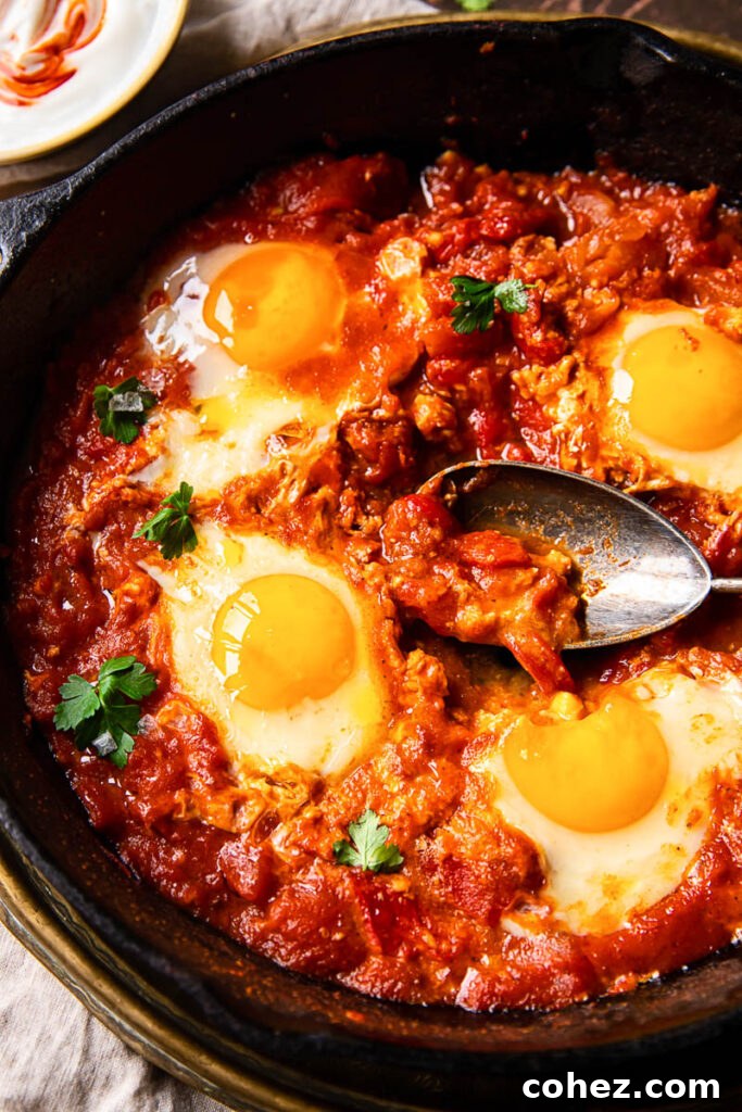 A stunning top-down view of a completed shakshuka dish, beautifully presented in a black cast iron pan.