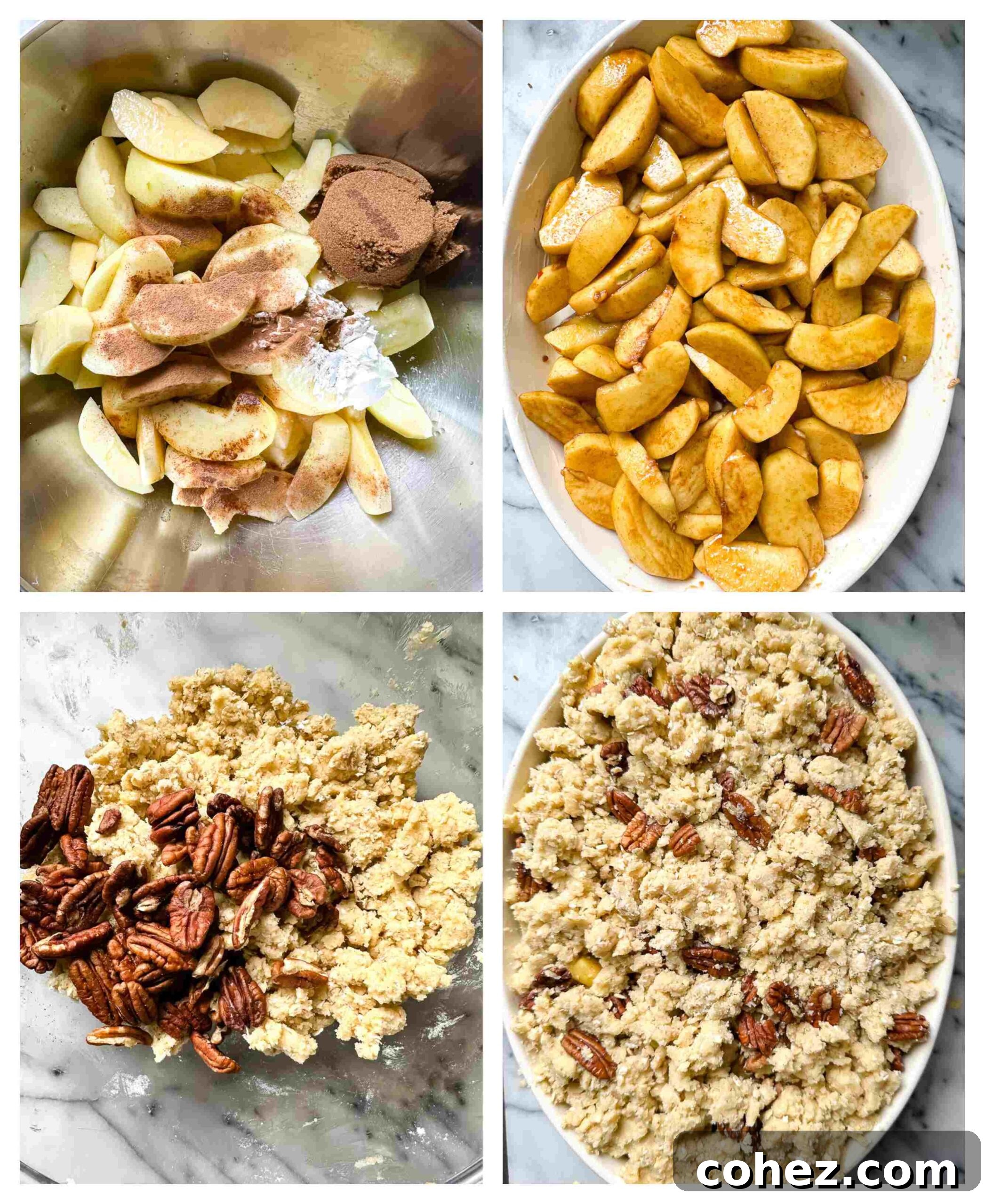 Process shots of apple crisp filling and top being made into the crisp