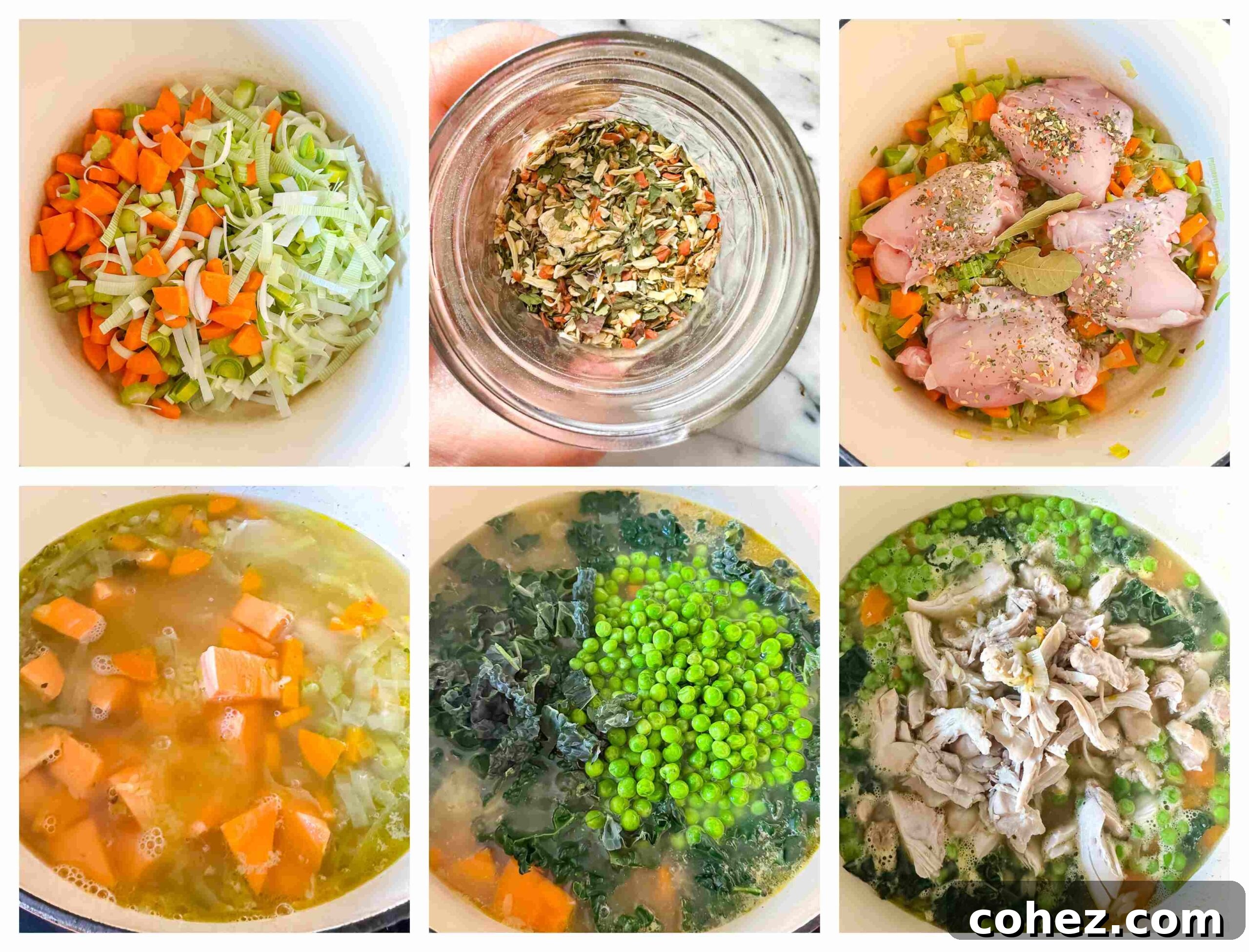 A collage of four process shots showing the steps of making chicken vegetable orzo soup, from chopping vegetables to simmering the finished dish in a pot.