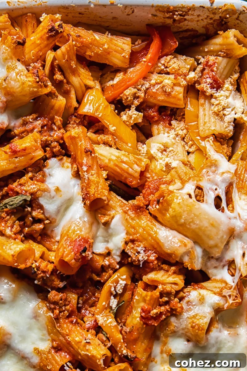 Hearty Pasta Bake 3 Close up shot of pasta in a baking dish with tomato sauce, fennel seeds and melted cheese