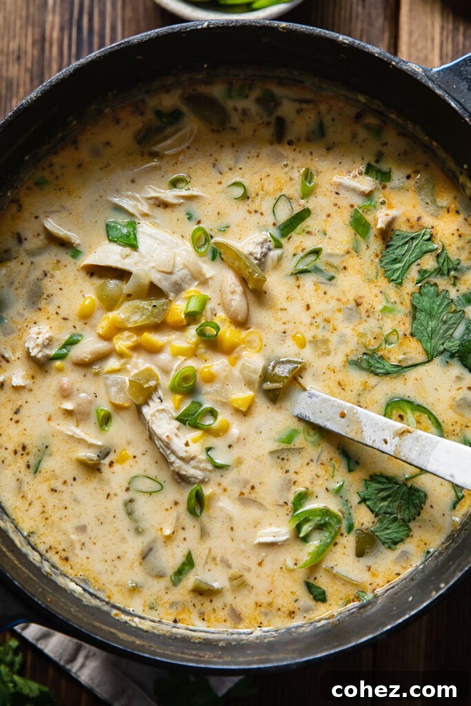 Close up shot of creamy white chicken chili in a large cooking pot with a ladle, ready to be served