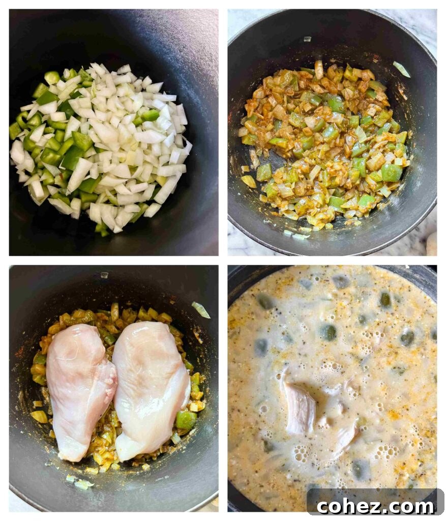 Process shots of white chicken chili being cooked in a pot, showing vegetables sautéing, chicken simmering, and final creamy mixture