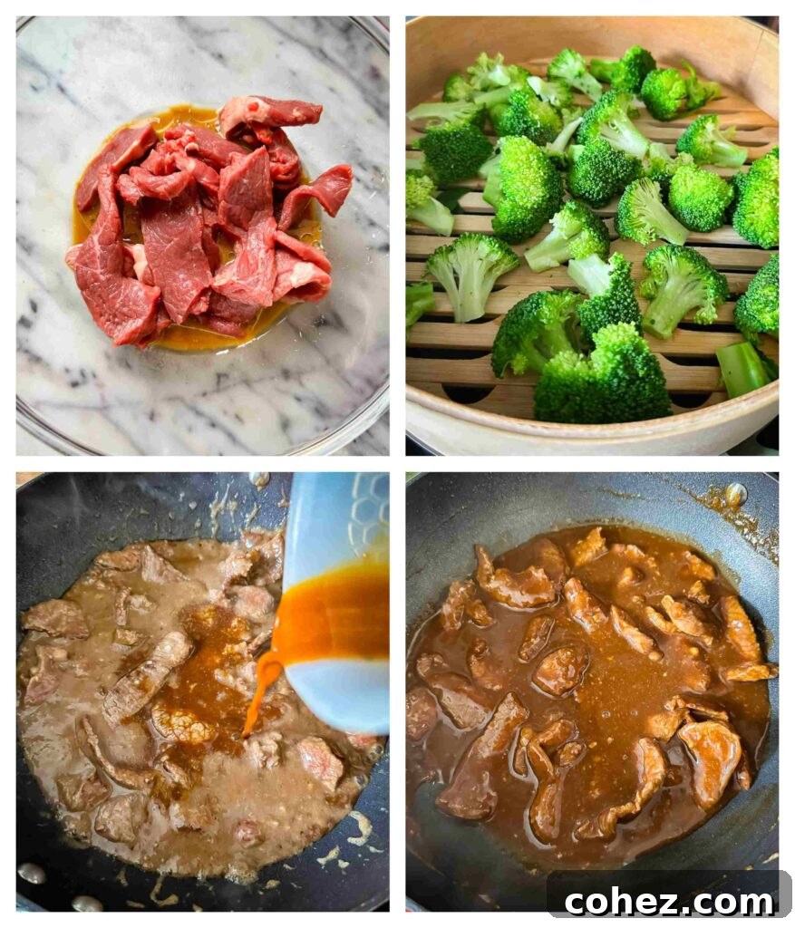 four process shots showing how to make the stir fry, from marinating beef to combining ingredients
